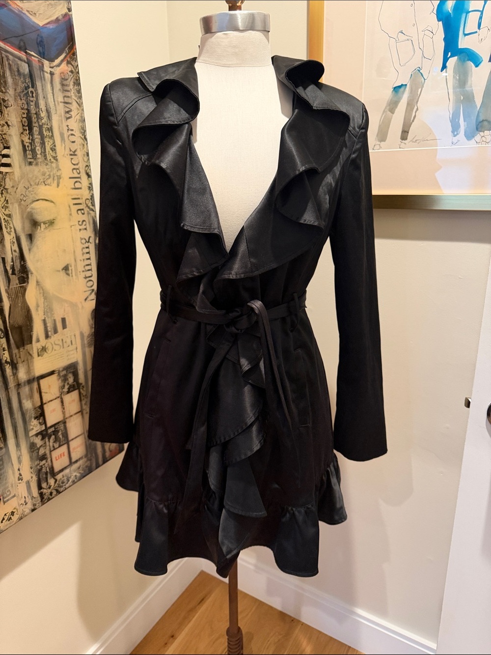 bebe Black Ruffle Tie-Waist Trench Coat with Hook & Eye Closure and Belt
